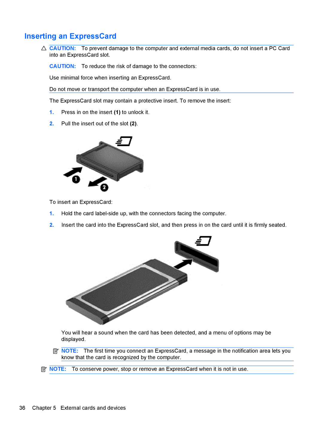 HP 1103530NR manual Inserting an ExpressCard 