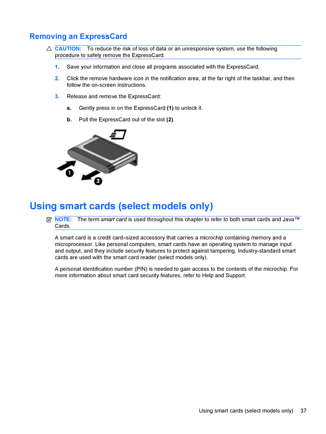 HP 1103530NR manual Using smart cards select models only, Removing an ExpressCard 