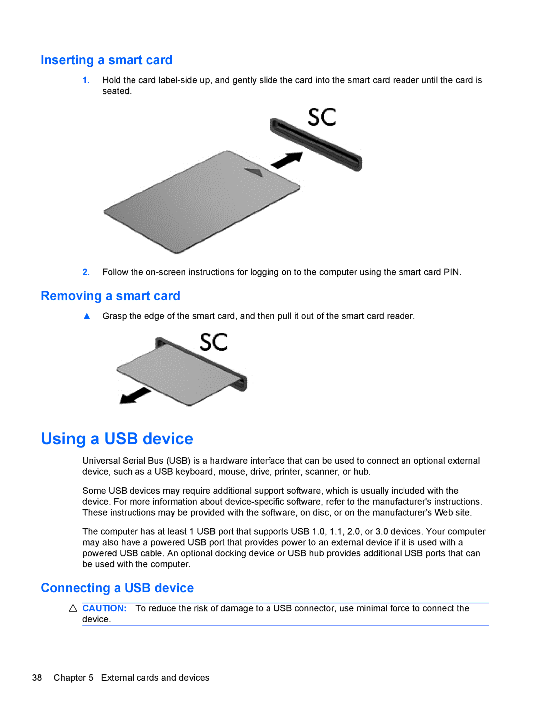 HP 1103530NR manual Using a USB device, Inserting a smart card, Removing a smart card, Connecting a USB device 