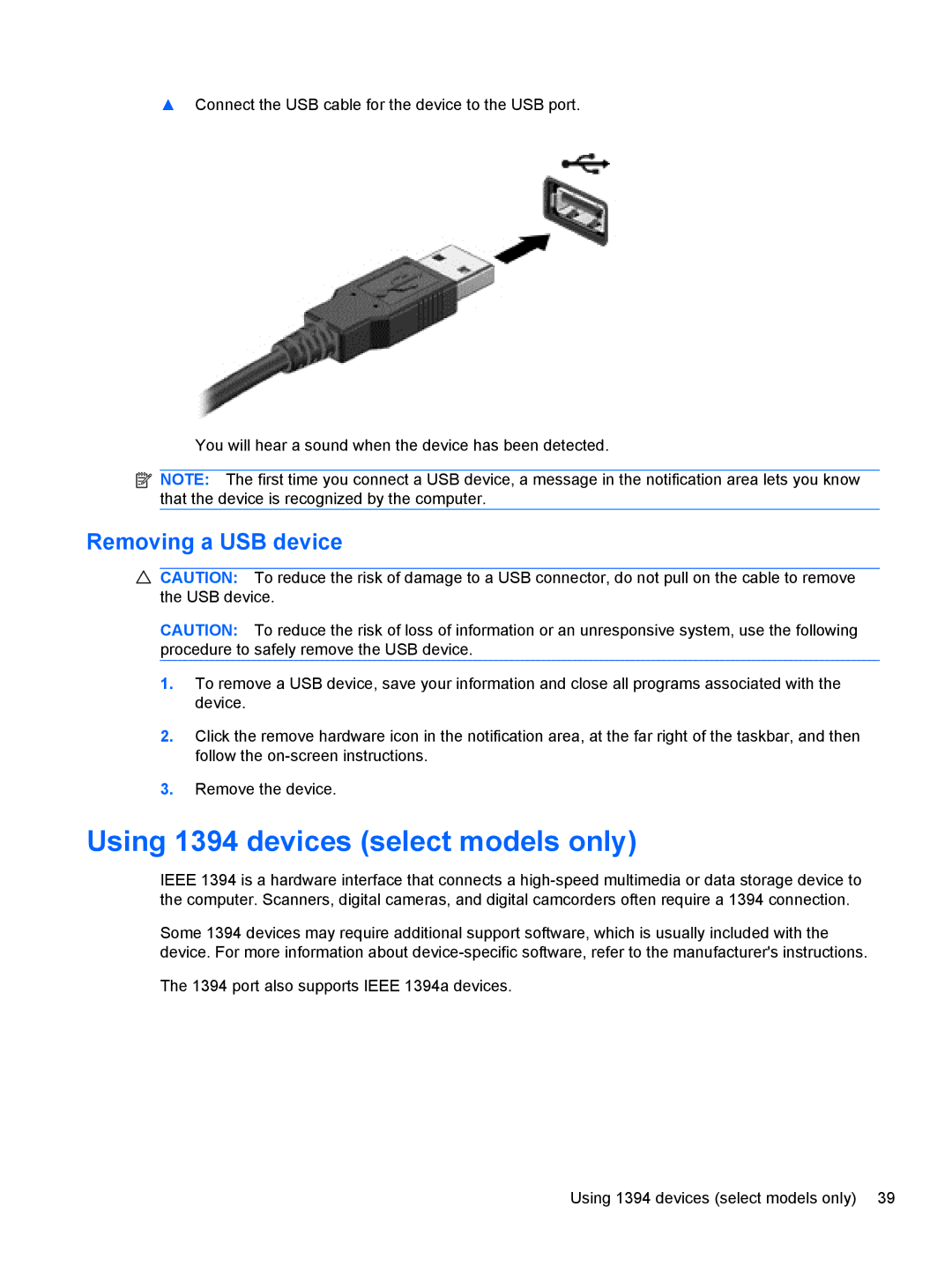 HP 1103530NR manual Using 1394 devices select models only, Removing a USB device 