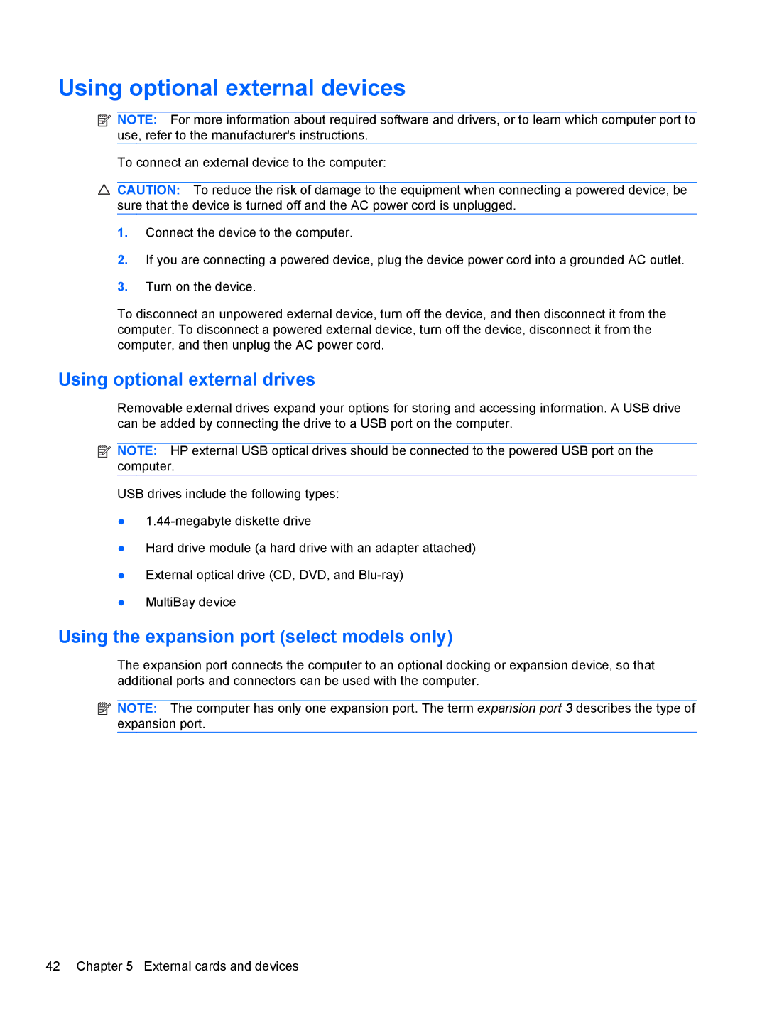 HP 1103530NR Using optional external devices, Using optional external drives, Using the expansion port select models only 