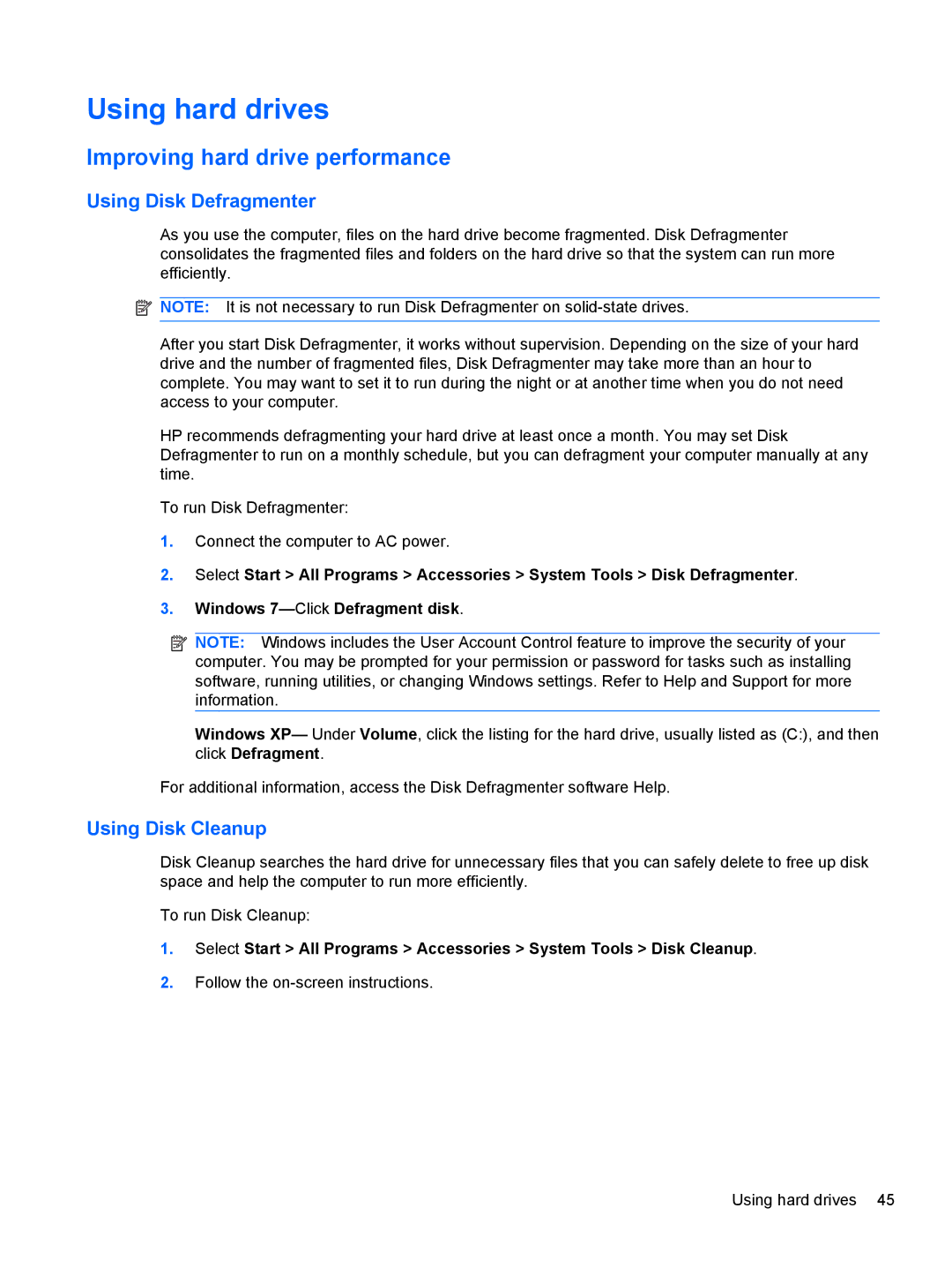 HP 1103530NR manual Using hard drives, Improving hard drive performance, Using Disk Defragmenter, Using Disk Cleanup 