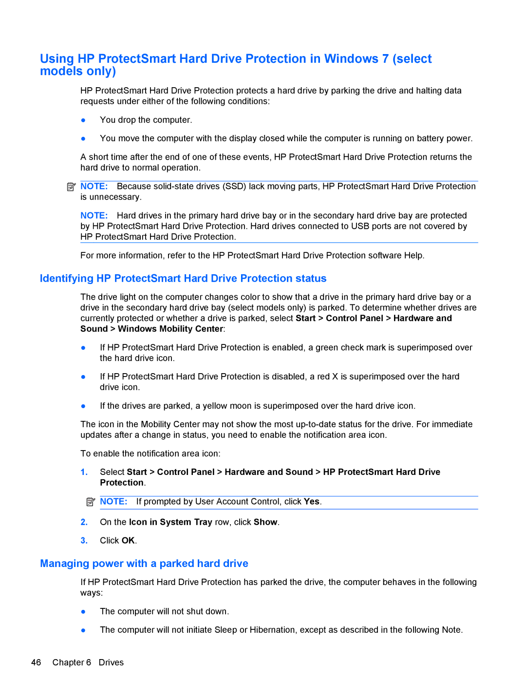 HP 1103530NR manual Identifying HP ProtectSmart Hard Drive Protection status, Managing power with a parked hard drive 