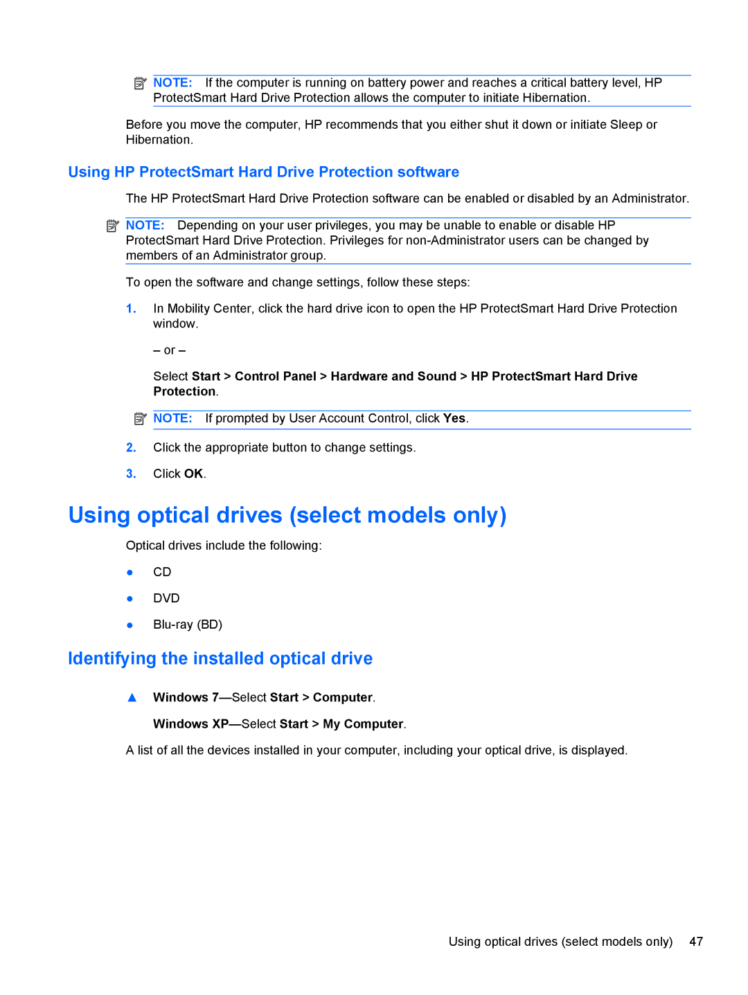 HP 1103530NR manual Using optical drives select models only, Identifying the installed optical drive 