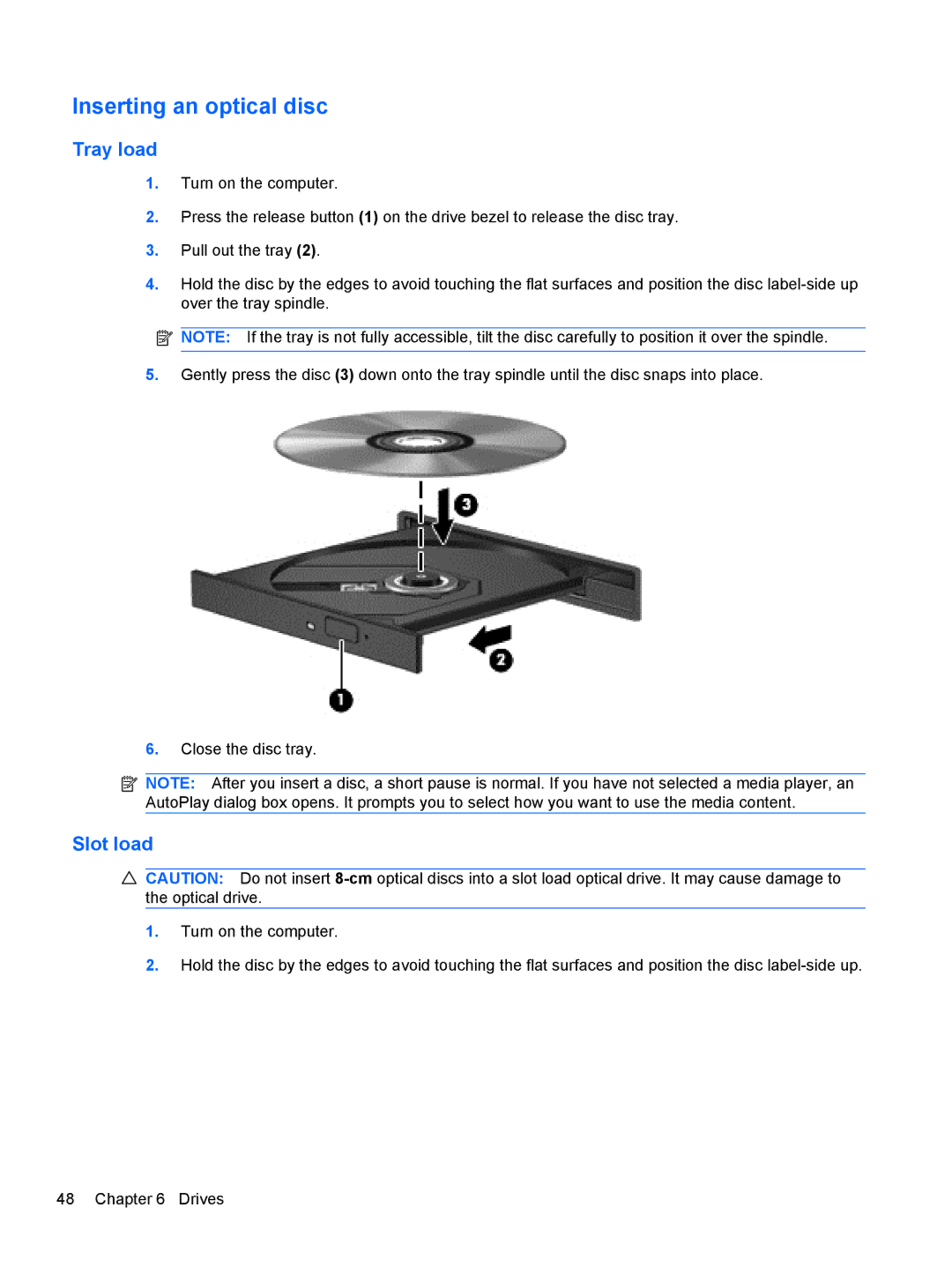 HP 1103530NR manual Inserting an optical disc, Tray load, Slot load 