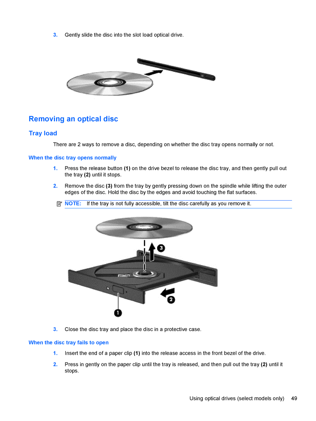 HP 1103530NR manual Removing an optical disc, When the disc tray opens normally 