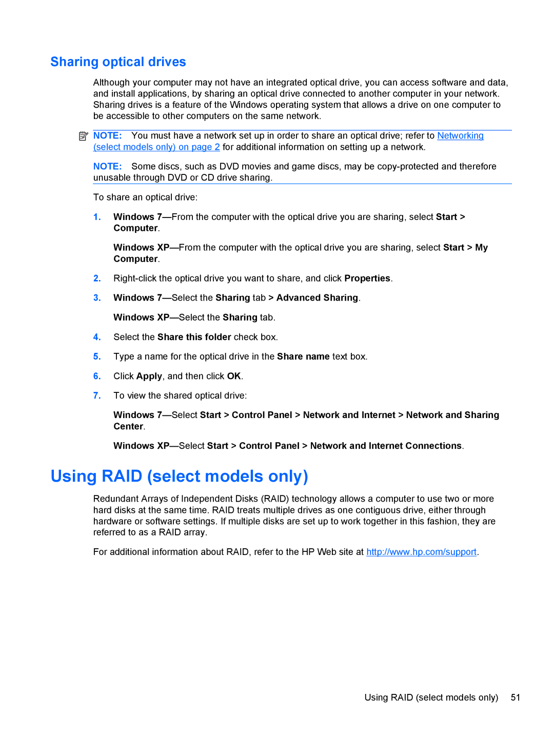 HP 1103530NR manual Using RAID select models only, Sharing optical drives 