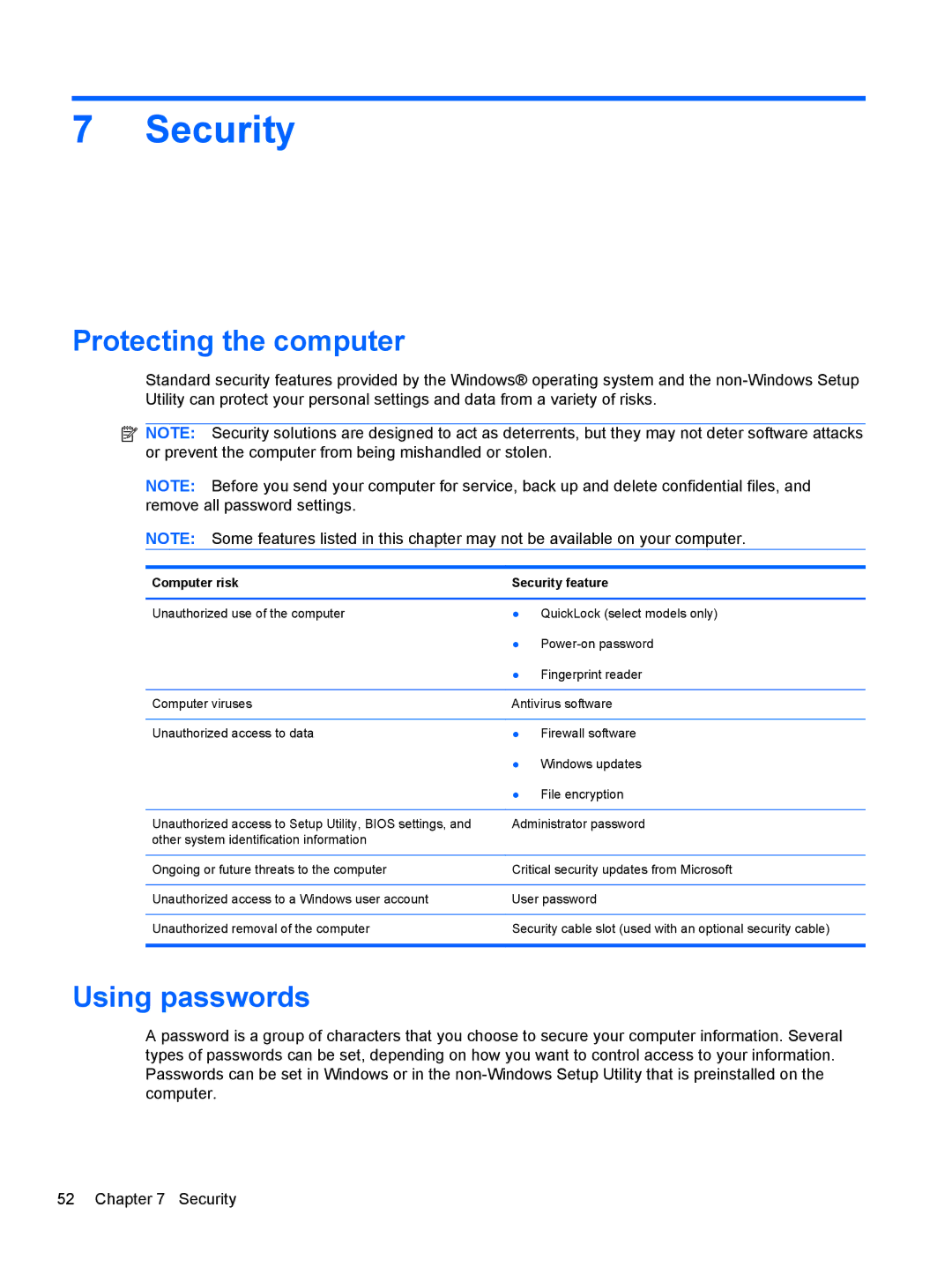 HP 1103530NR manual Security, Protecting the computer, Using passwords 