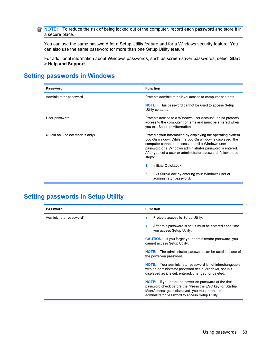 HP 1103530NR manual Setting passwords in Windows, Setting passwords in Setup Utility 