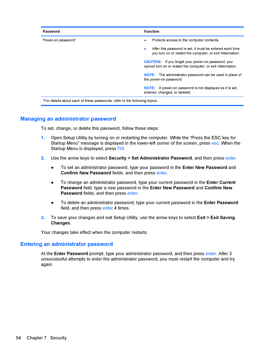 HP 1103530NR manual Managing an administrator password, Entering an administrator password 