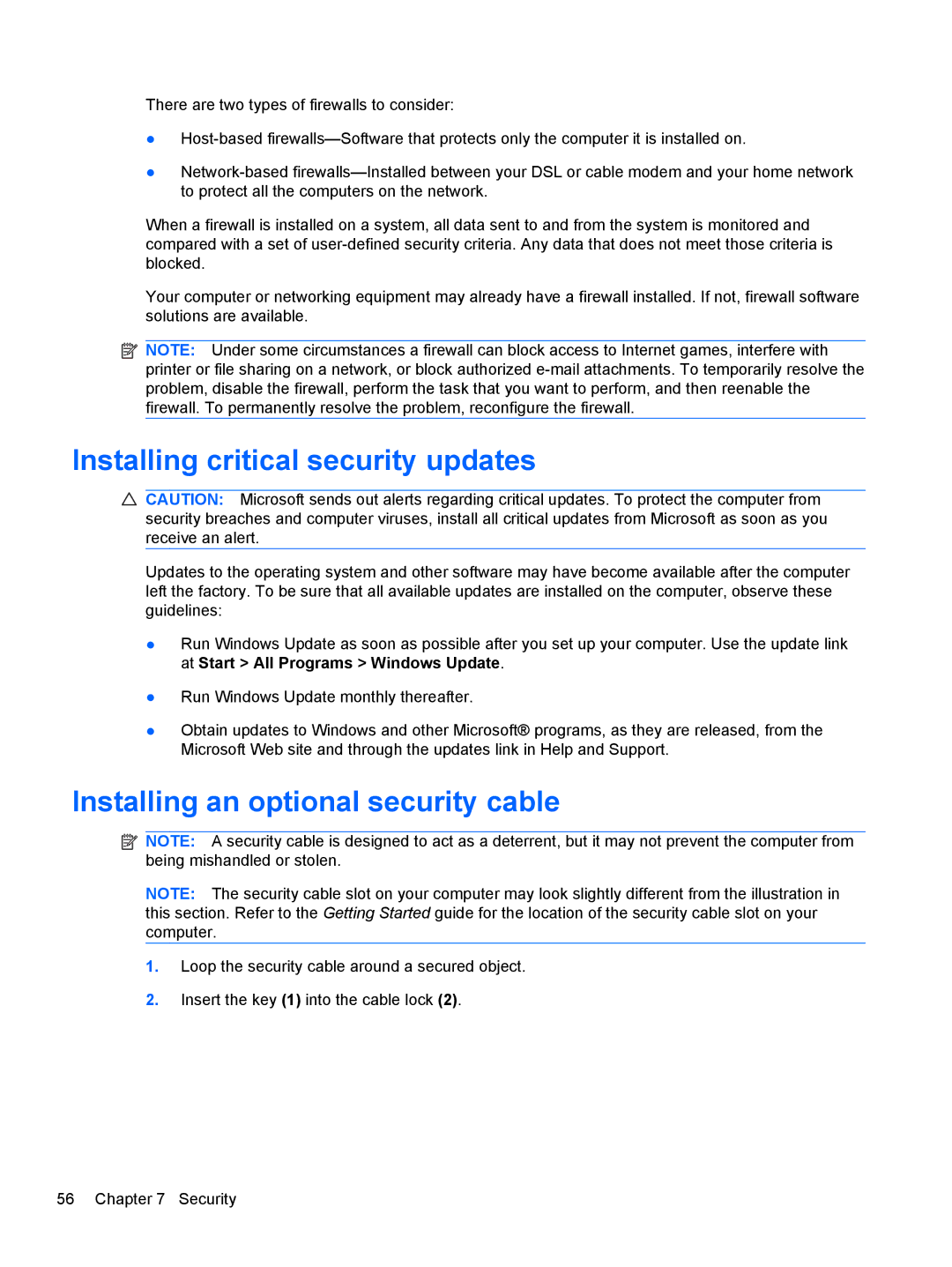 HP 1103530NR manual Installing critical security updates, Installing an optional security cable 