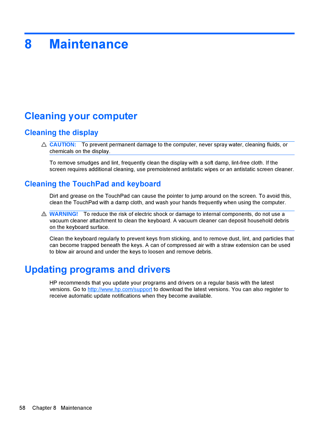 HP 1103530NR manual Maintenance, Cleaning your computer, Updating programs and drivers, Cleaning the display 