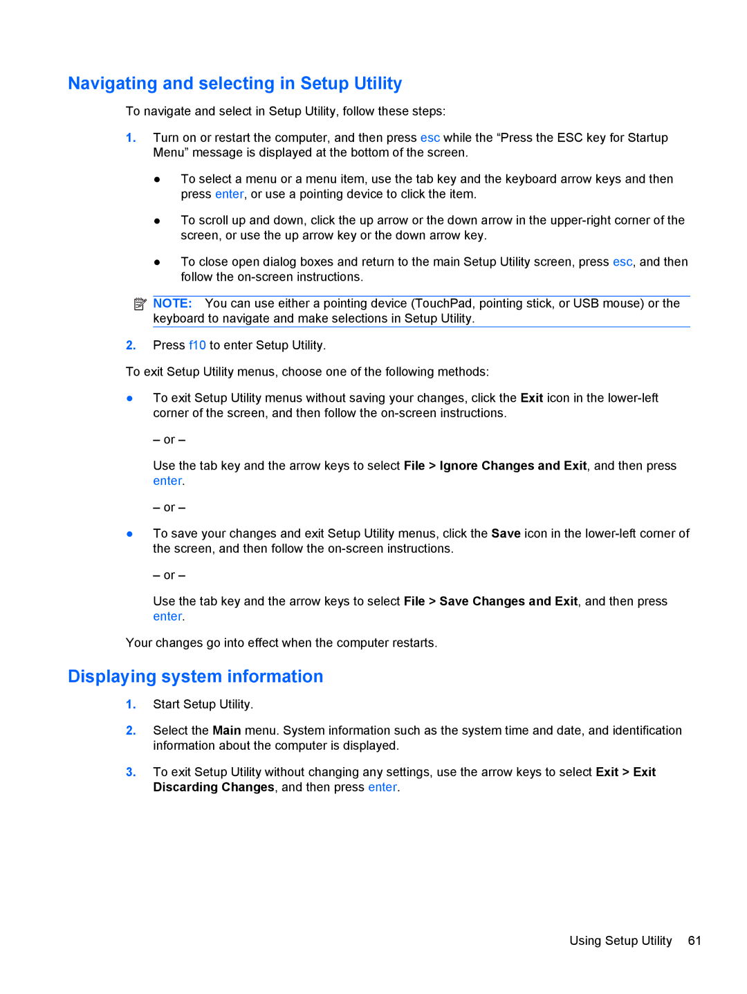 HP 1103530NR manual Navigating and selecting in Setup Utility, Displaying system information 