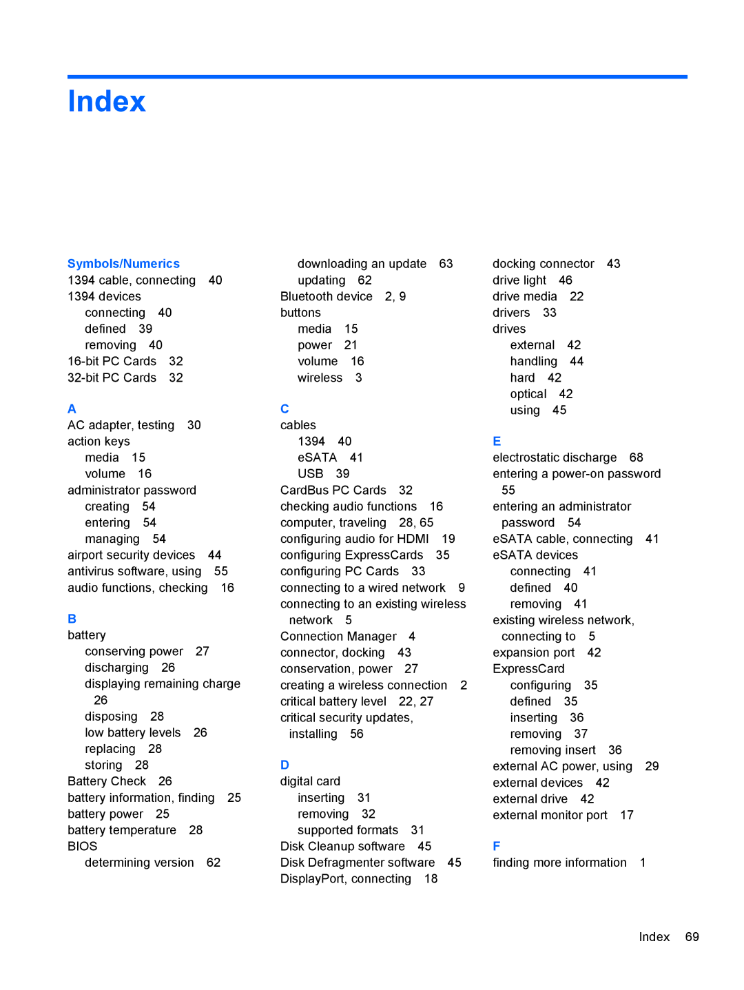 HP 1103530NR manual Index, Symbols/Numerics 