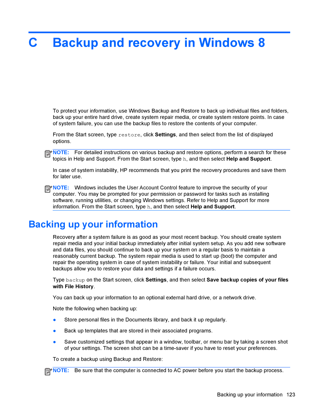 HP 1105 manual Backup and recovery in Windows, Backing up your information 