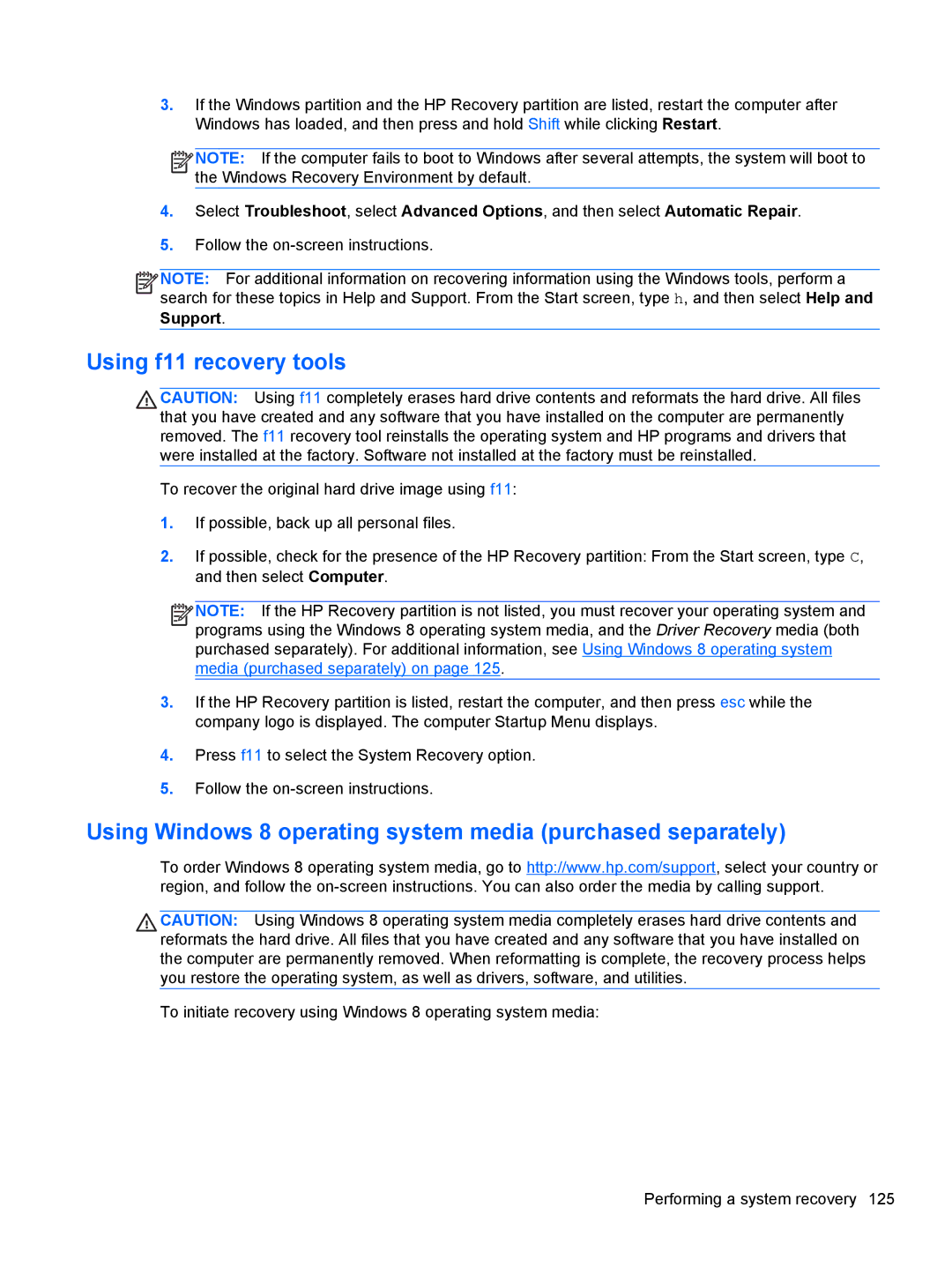 HP 1105 manual Using f11 recovery tools, Using Windows 8 operating system media purchased separately 