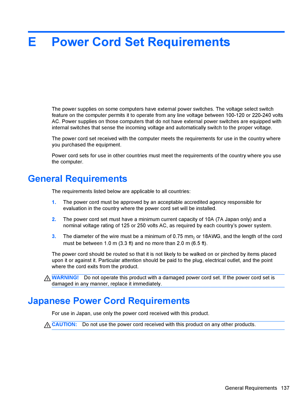 HP 1105 manual Power Cord Set Requirements, General Requirements, Japanese Power Cord Requirements 