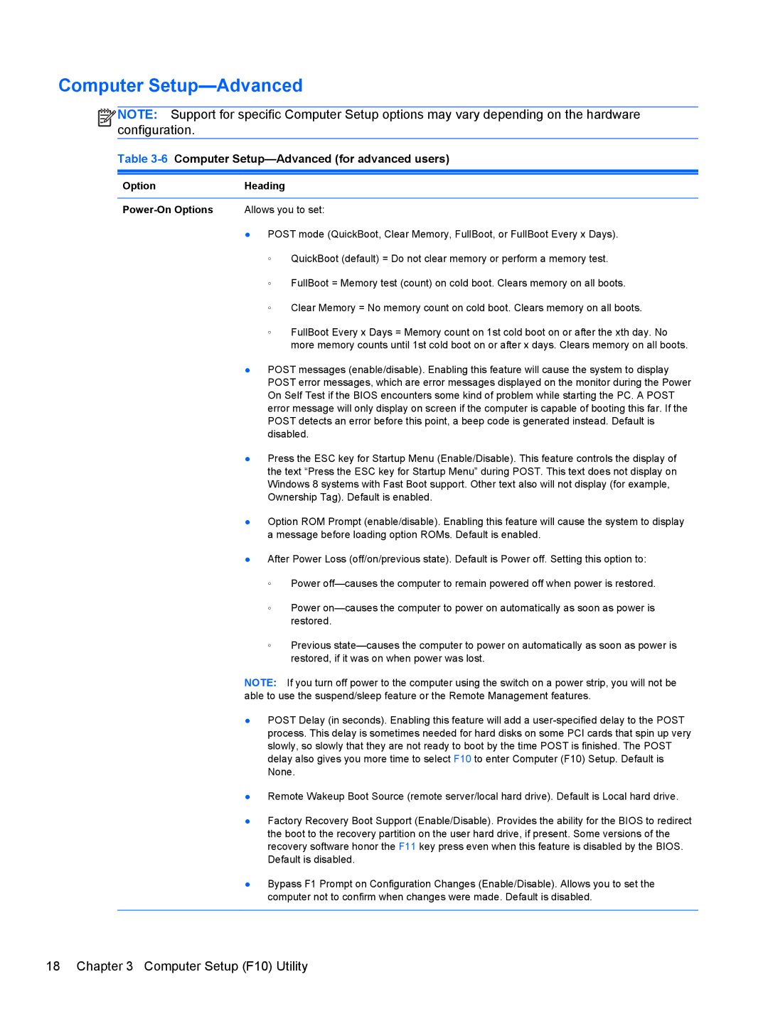 HP 1105 manual 6Computer Setup-Advanced for advanced users, Option Heading Power-On Options 