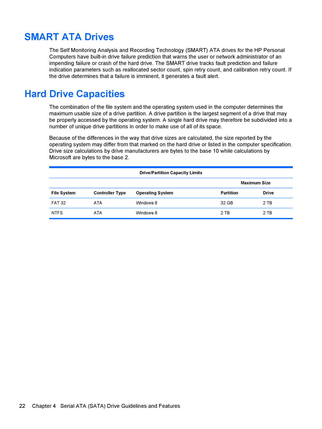 HP 1105 manual Smart ATA Drives, Hard Drive Capacities, Serial ATA Sata Drive Guidelines and Features 