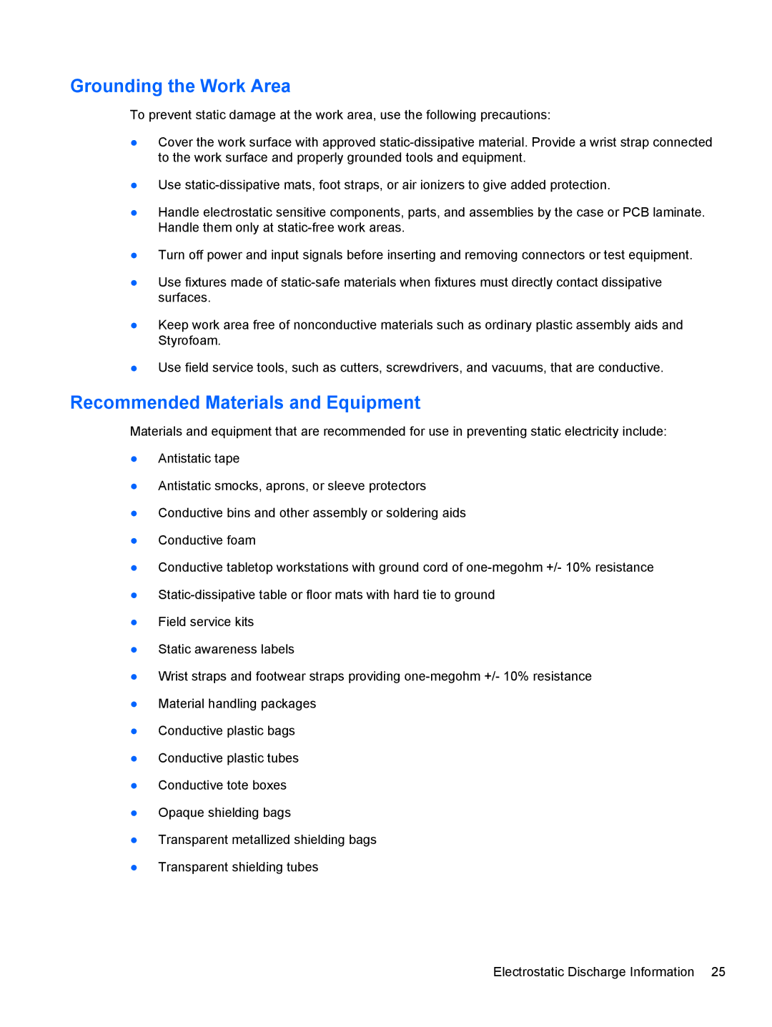 HP 1105 manual Grounding the Work Area, Recommended Materials and Equipment 