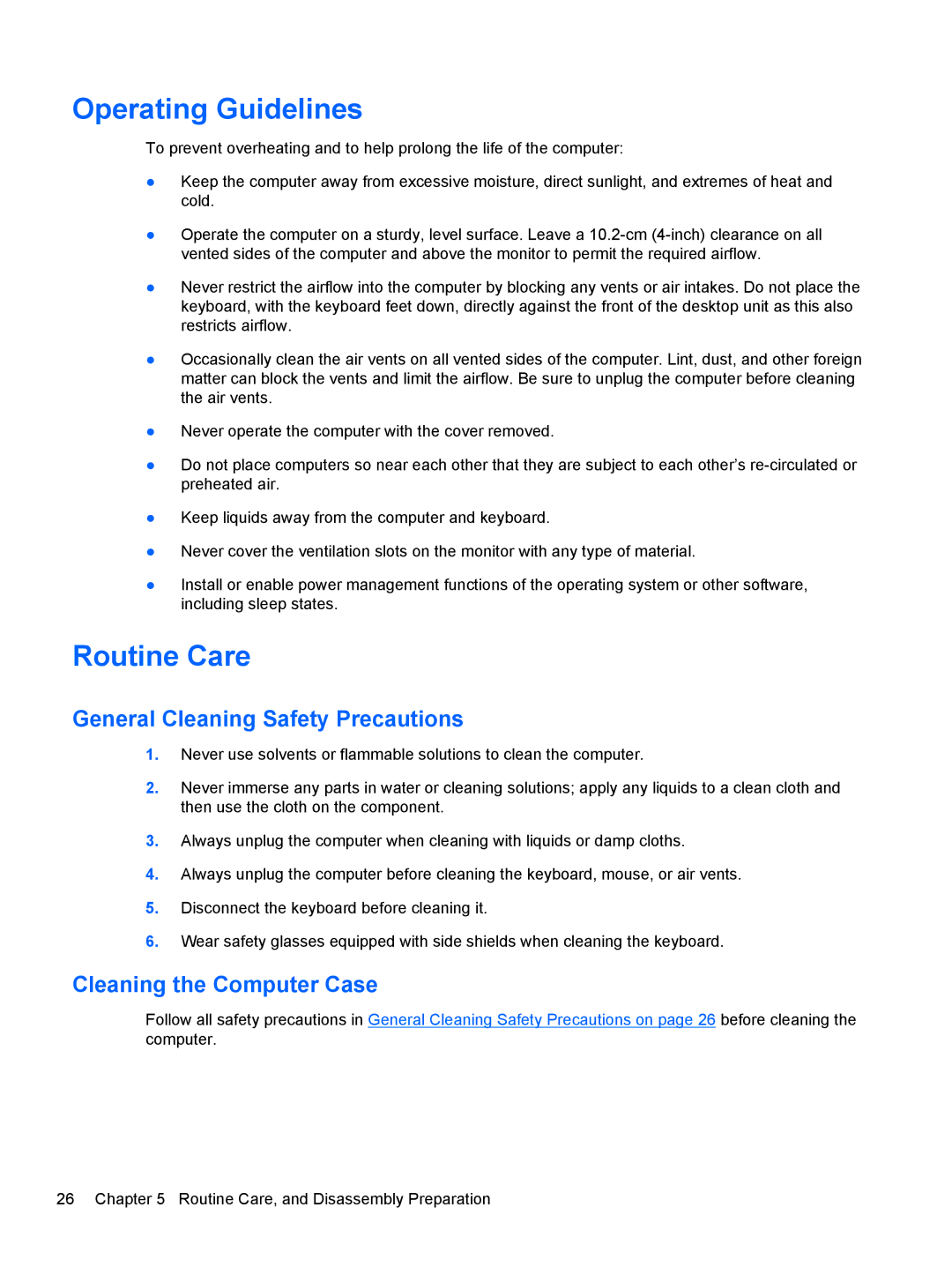 HP 1105 manual Operating Guidelines, Routine Care, General Cleaning Safety Precautions, Cleaning the Computer Case 