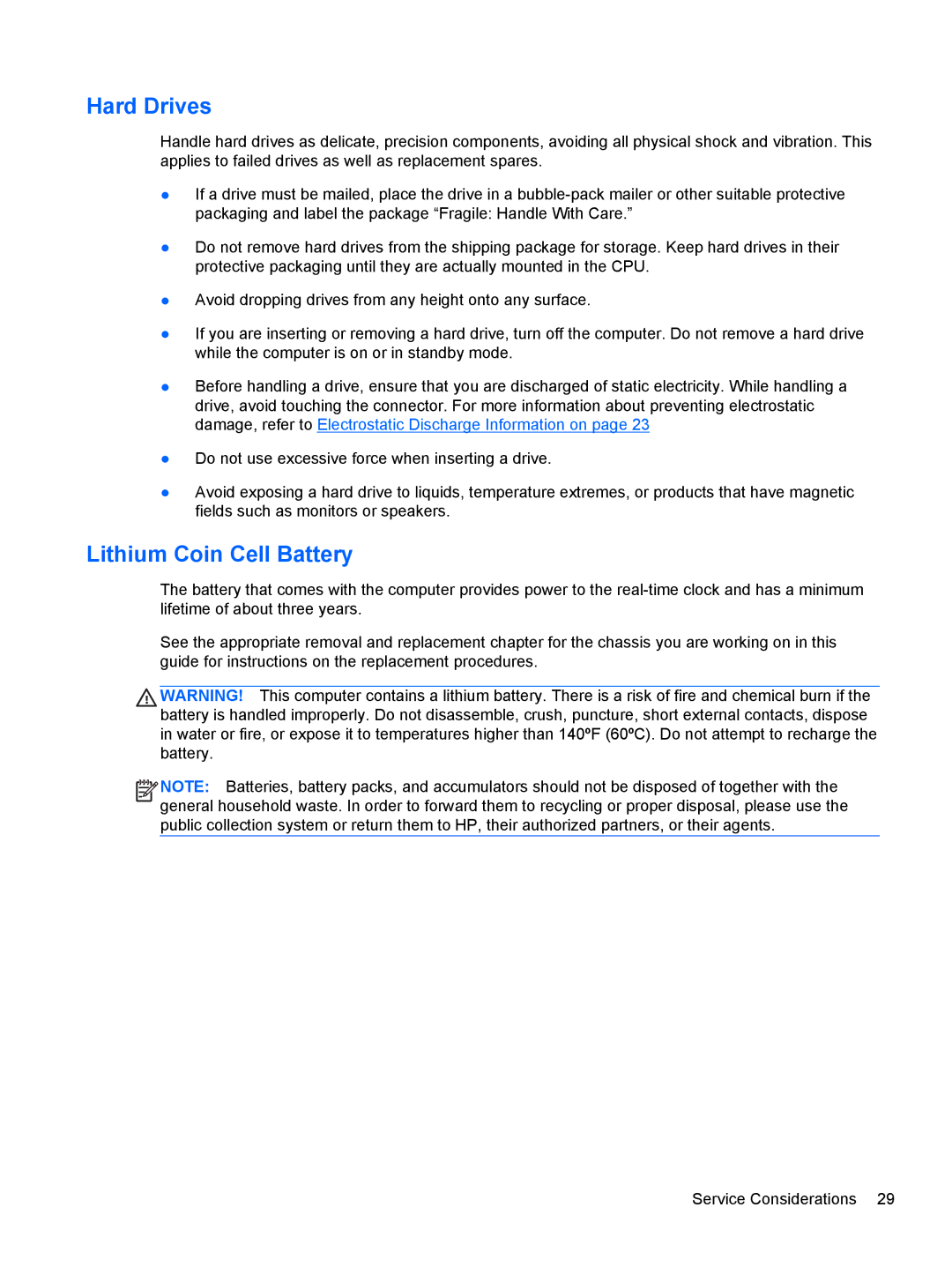 HP 1105 manual Hard Drives, Lithium Coin Cell Battery 
