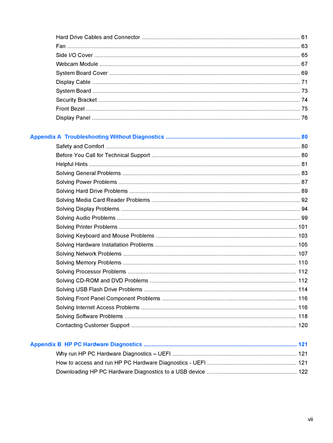 HP 1105 manual 101, 103, 107, 112, 114, 116, 118, 120, 121, 122, Vii 