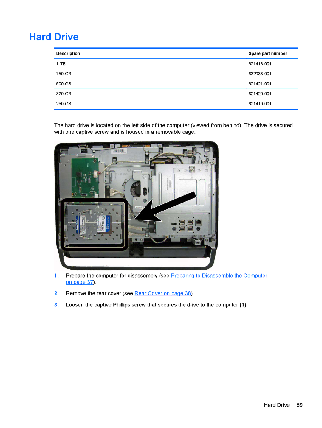 HP 1105 manual Hard Drive, Description Spare part number 