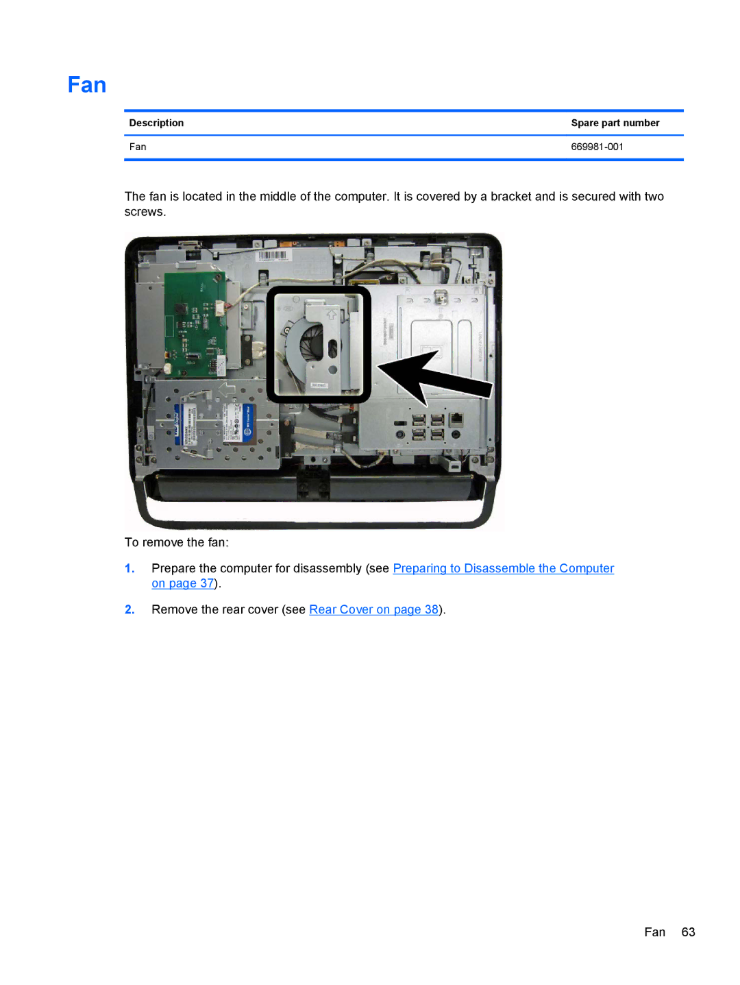 HP 1105 manual Description Spare part number Fan 669981-001 