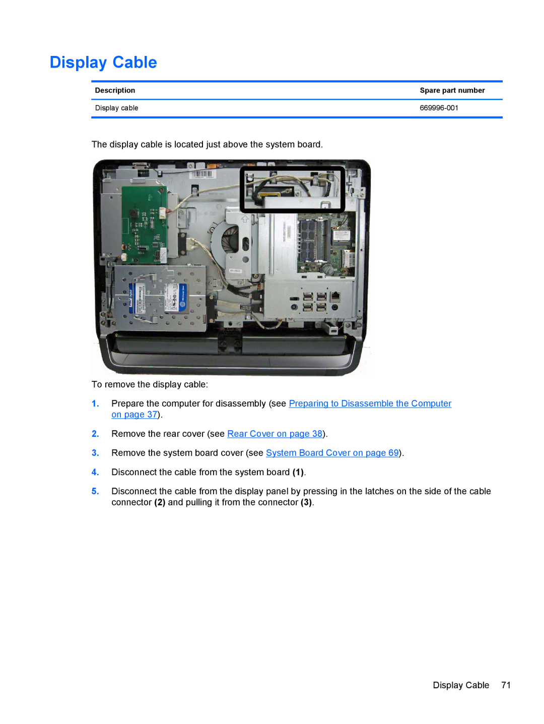 HP 1105 manual Display Cable, Description Spare part number Display cable 669996-001 