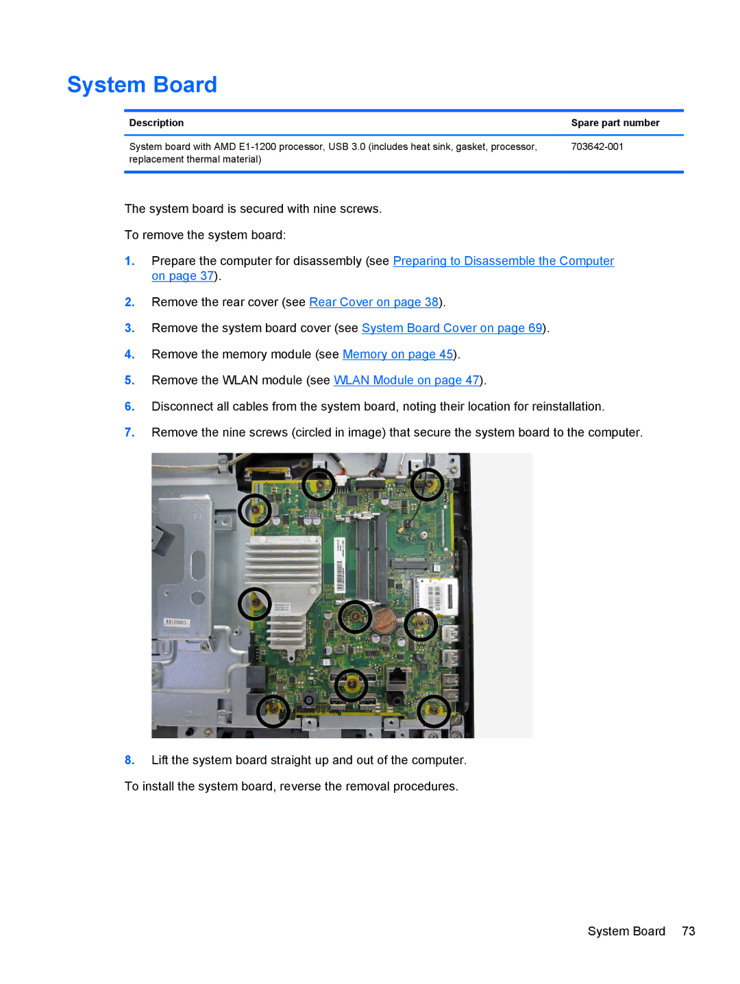 HP 1105 manual System Board, Description Spare part number 