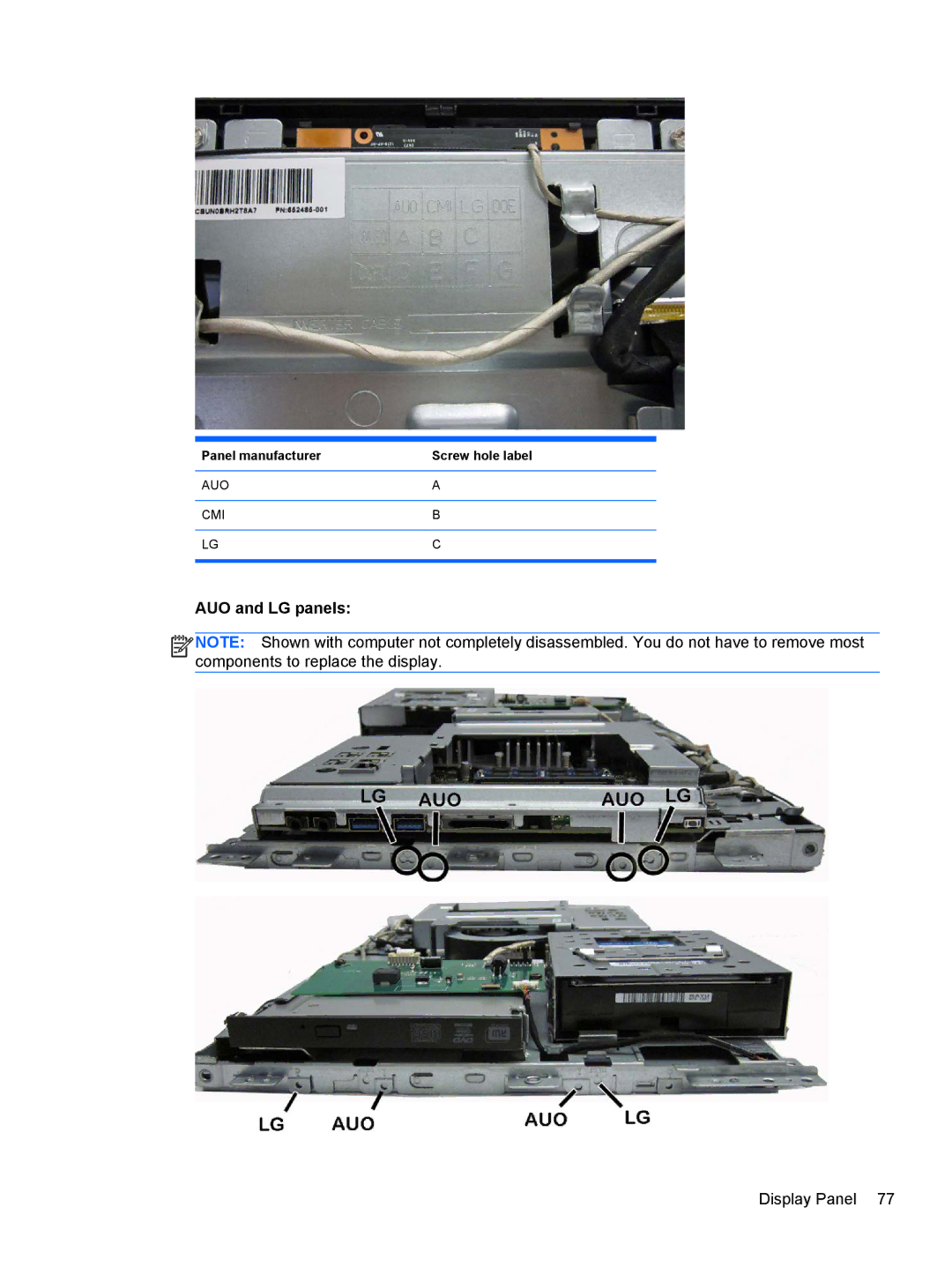 HP 1105 manual Display Panel, Panel manufacturer Screw hole label 