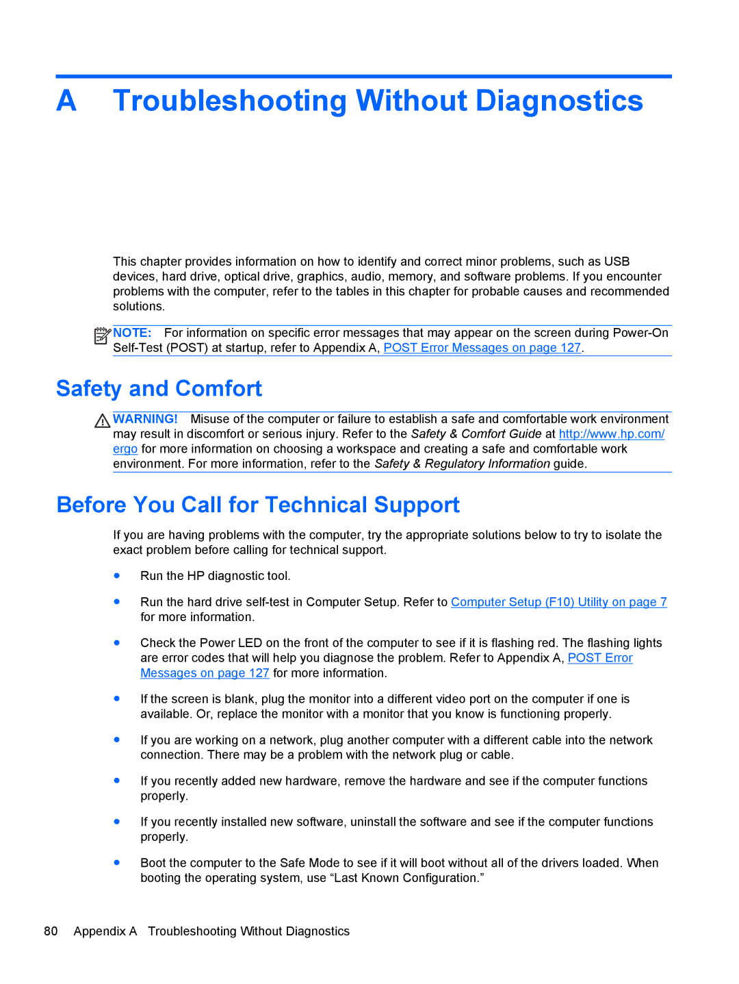 HP 1105 manual Troubleshooting Without Diagnostics, Safety and Comfort Before You Call for Technical Support 