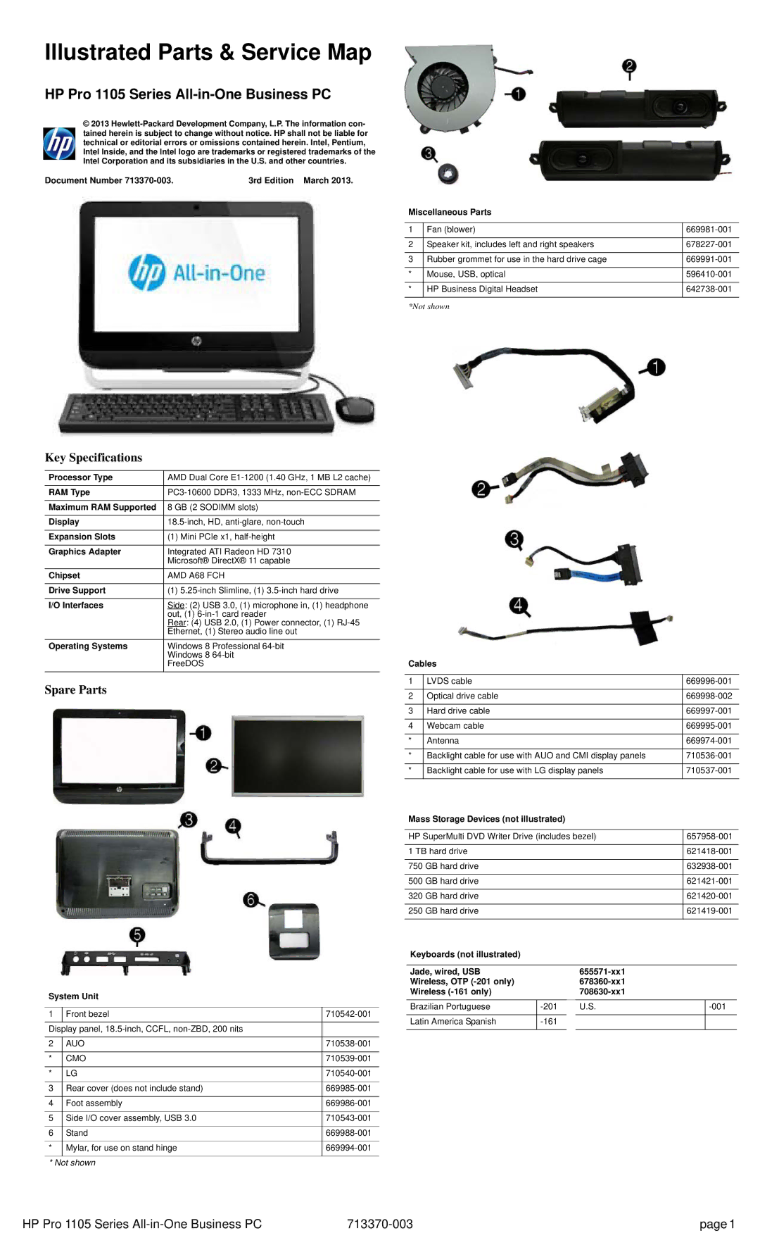 HP 1105 manual Key Specifications, Spare Parts 