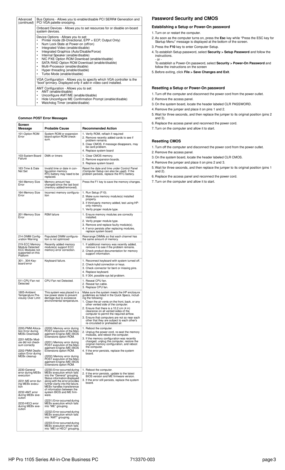 HP 1105 manual Establishing a Setup or Power-On password, Resetting a Setup or Power-On password, Resetting Cmos 