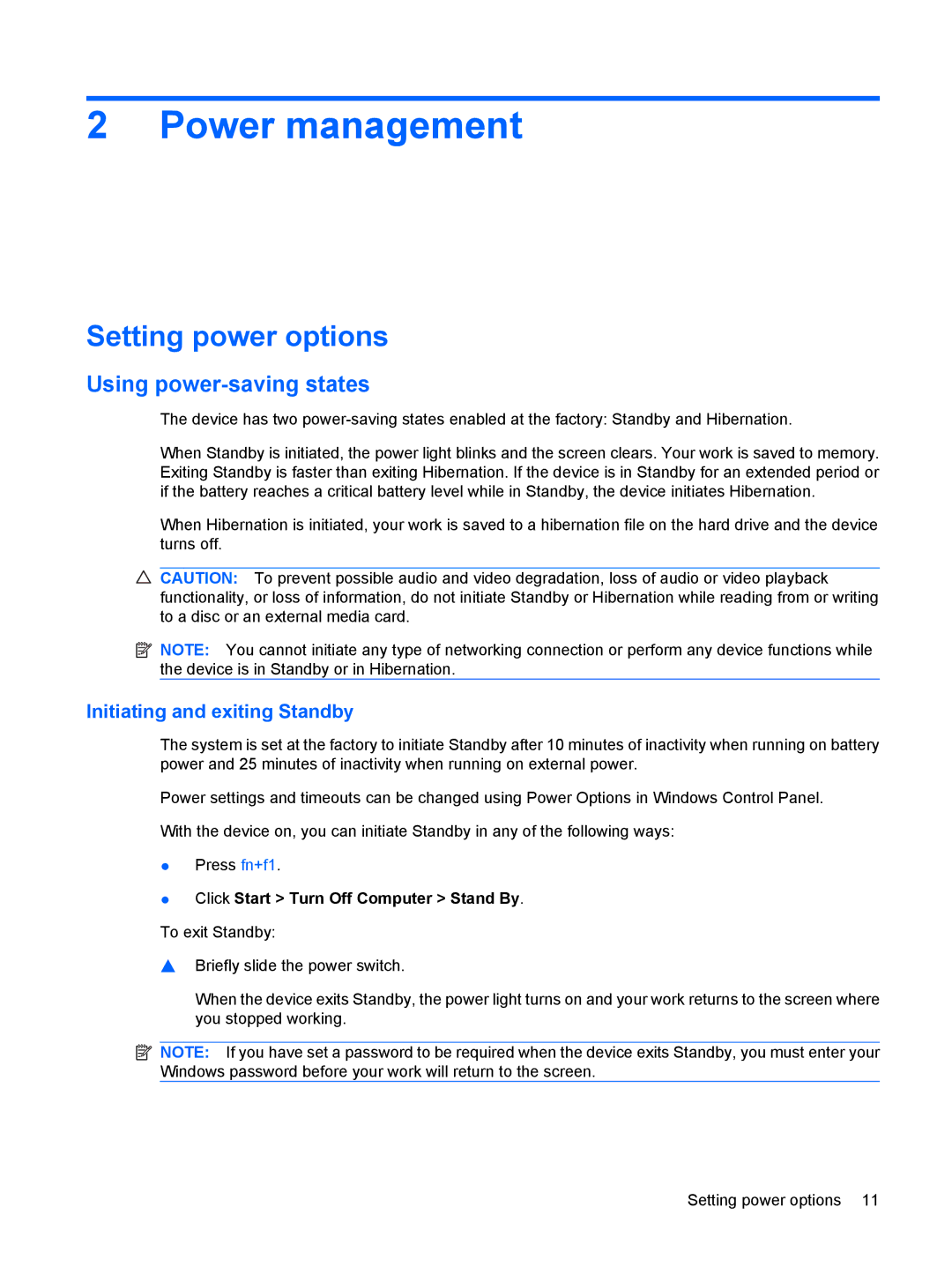 HP 110c-1040DX manual Power management, Setting power options, Using power-saving states, Initiating and exiting Standby 