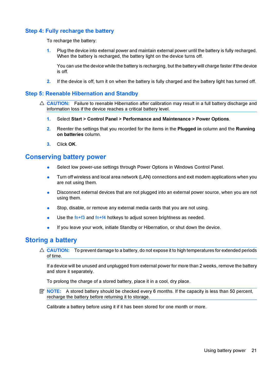 HP 110c-1001NR Conserving battery power, Storing a battery, Fully recharge the battery, Reenable Hibernation and Standby 