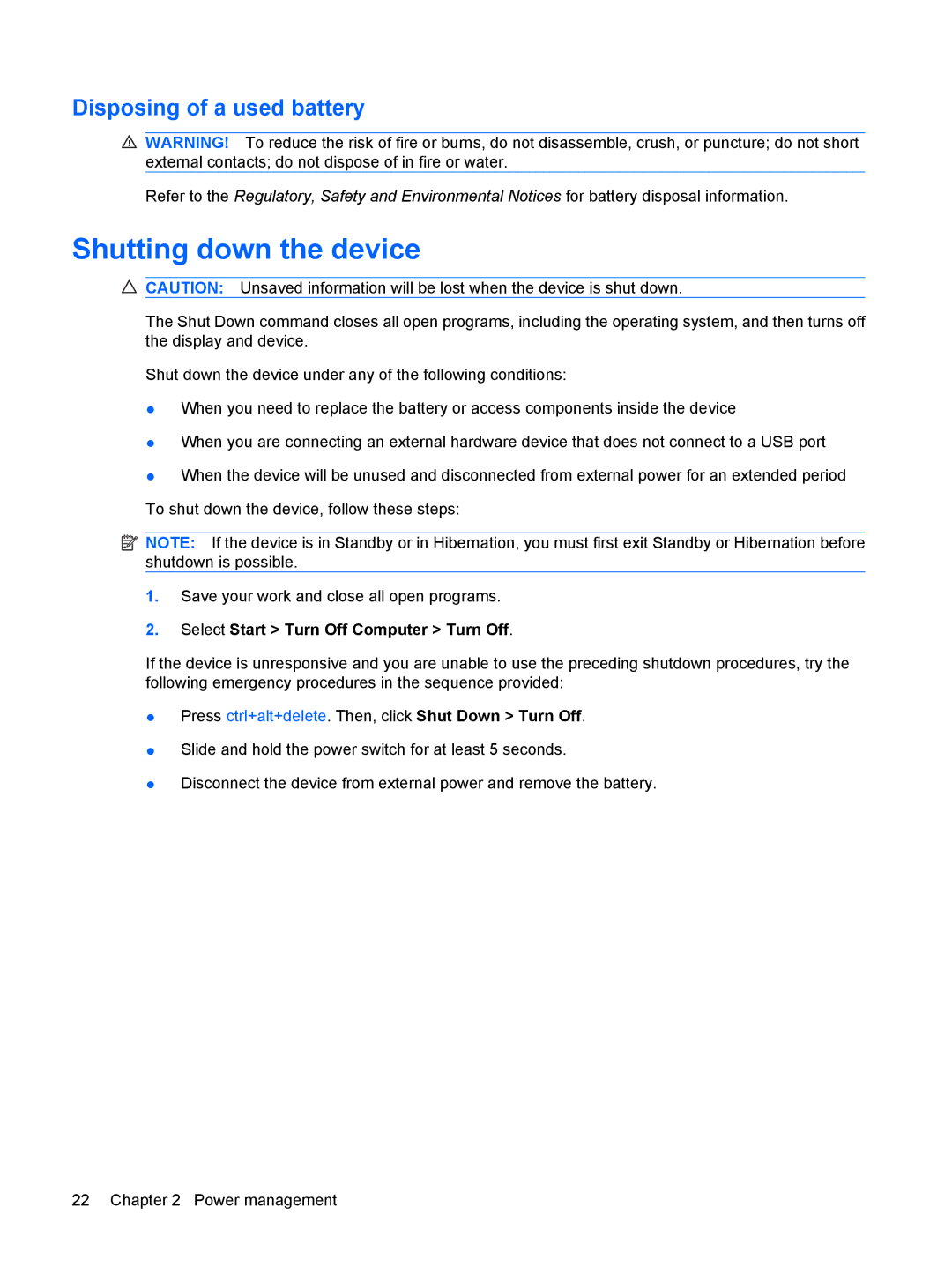 HP 110c-1048NR, 110c-1040DX, 110c-1001NR manual Shutting down the device, Disposing of a used battery 