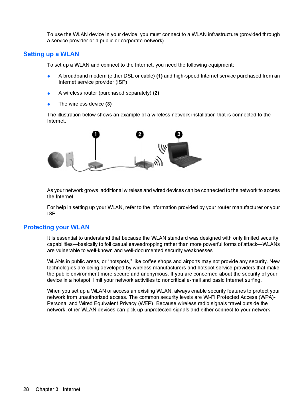 HP 110c-1048NR, 110c-1040DX, 110c-1001NR manual Setting up a Wlan, Protecting your Wlan 