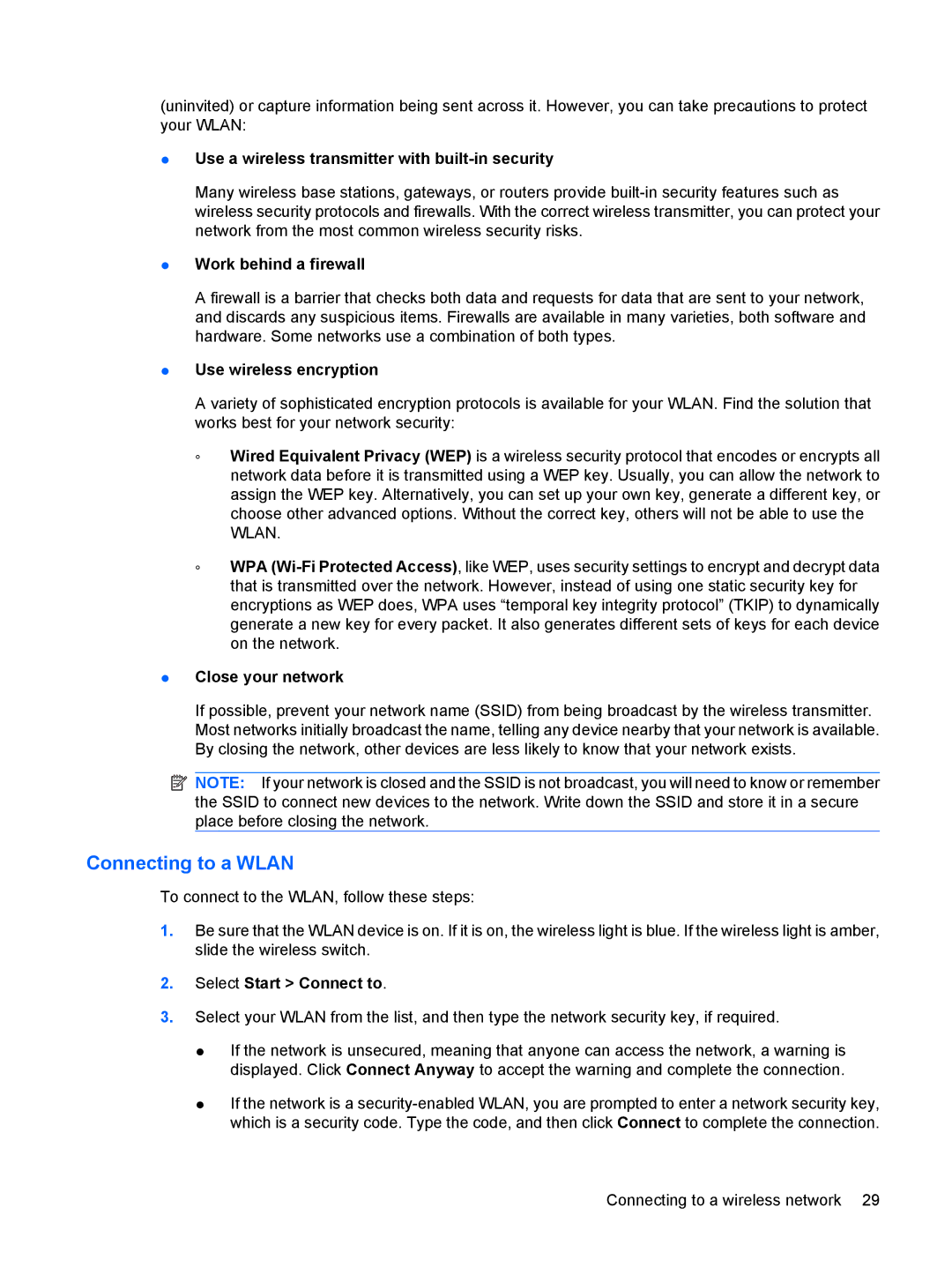 HP 110c-1040DX, 110c-1048NR, 110c-1001NR manual Connecting to a Wlan, Use a wireless transmitter with built-in security 