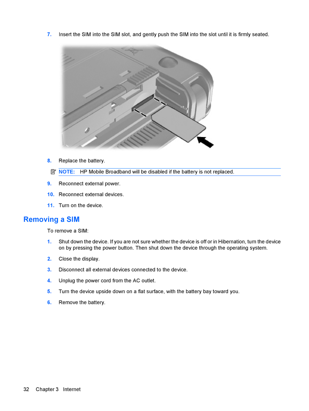 HP 110c-1040DX, 110c-1048NR, 110c-1001NR manual Removing a SIM 