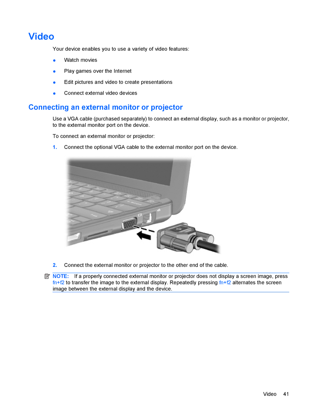 HP 110c-1040DX, 110c-1048NR, 110c-1001NR manual Video, Connecting an external monitor or projector 