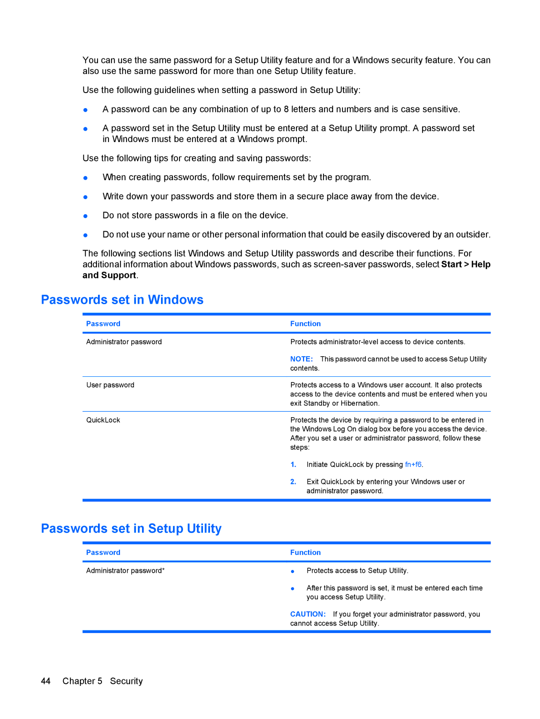 HP 110c-1040DX, 110c-1048NR, 110c-1001NR manual Passwords set in Windows, Passwords set in Setup Utility 