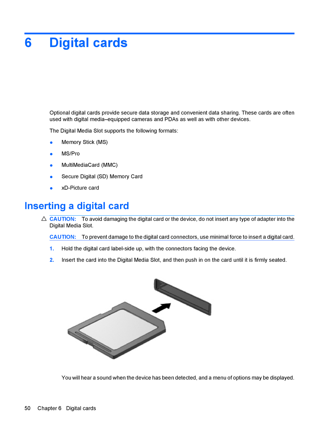 HP 110c-1040DX, 110c-1048NR, 110c-1001NR manual Digital cards, Inserting a digital card 