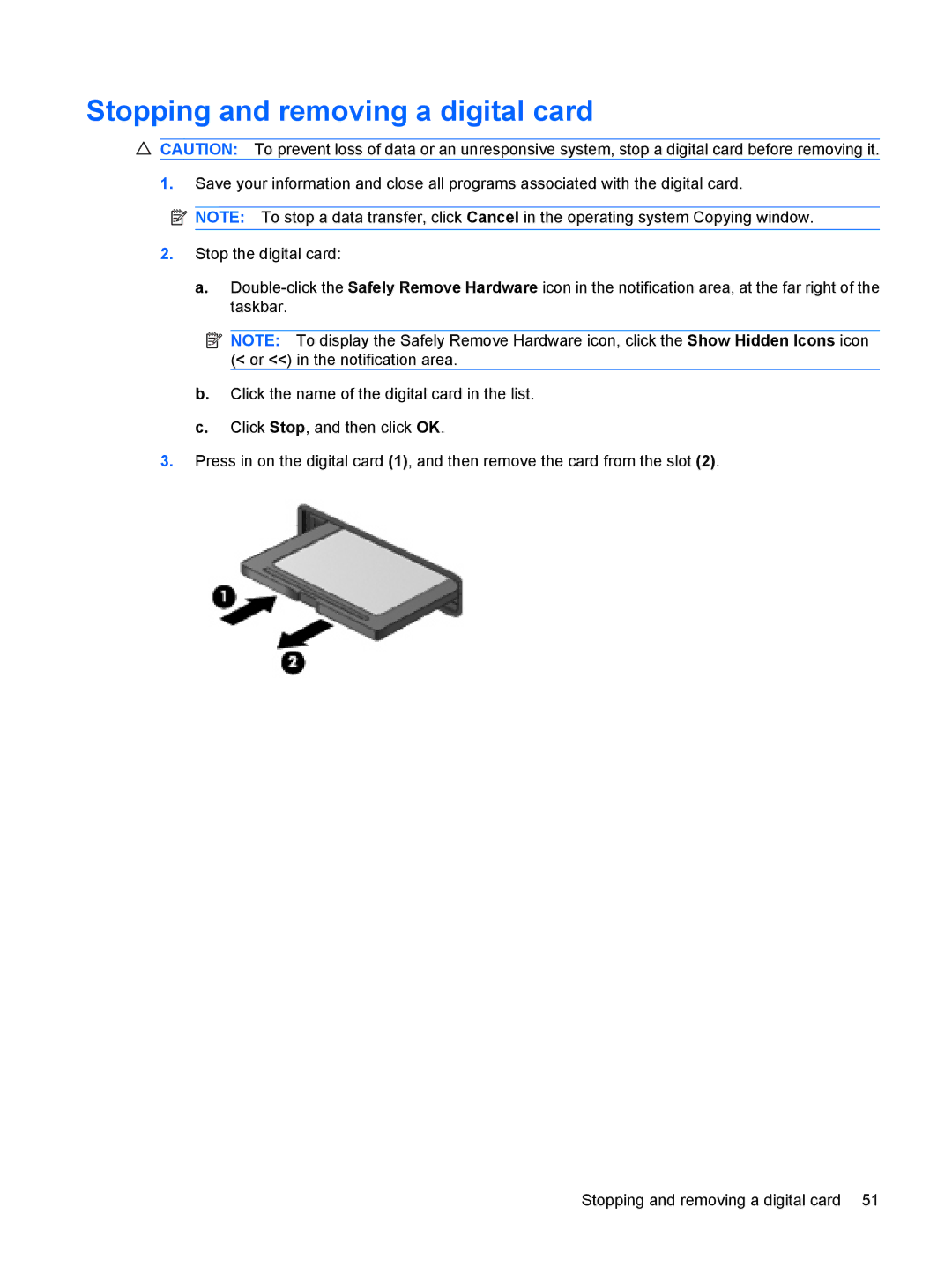 HP 110c-1001NR, 110c-1048NR, 110c-1040DX manual Stopping and removing a digital card 