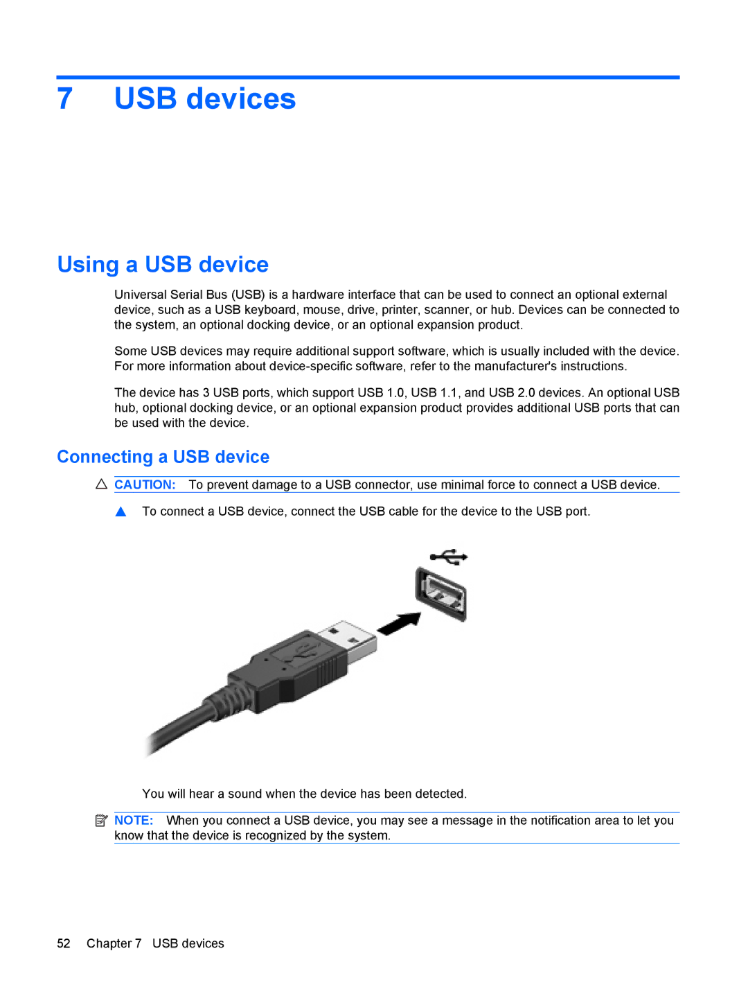 HP 110c-1048NR, 110c-1040DX, 110c-1001NR manual USB devices, Using a USB device, Connecting a USB device 