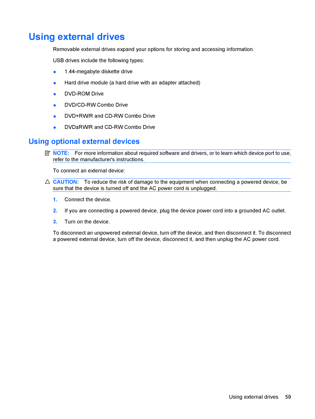 HP 110c-1040DX, 110c-1048NR, 110c-1001NR manual Using external drives, Using optional external devices 