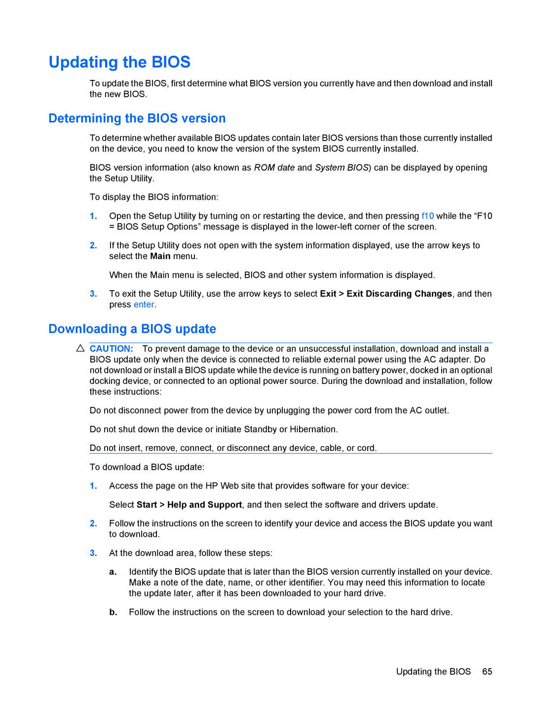 HP 110c-1040DX, 110c-1048NR, 110c-1001NR manual Updating the Bios, Determining the Bios version, Downloading a Bios update 