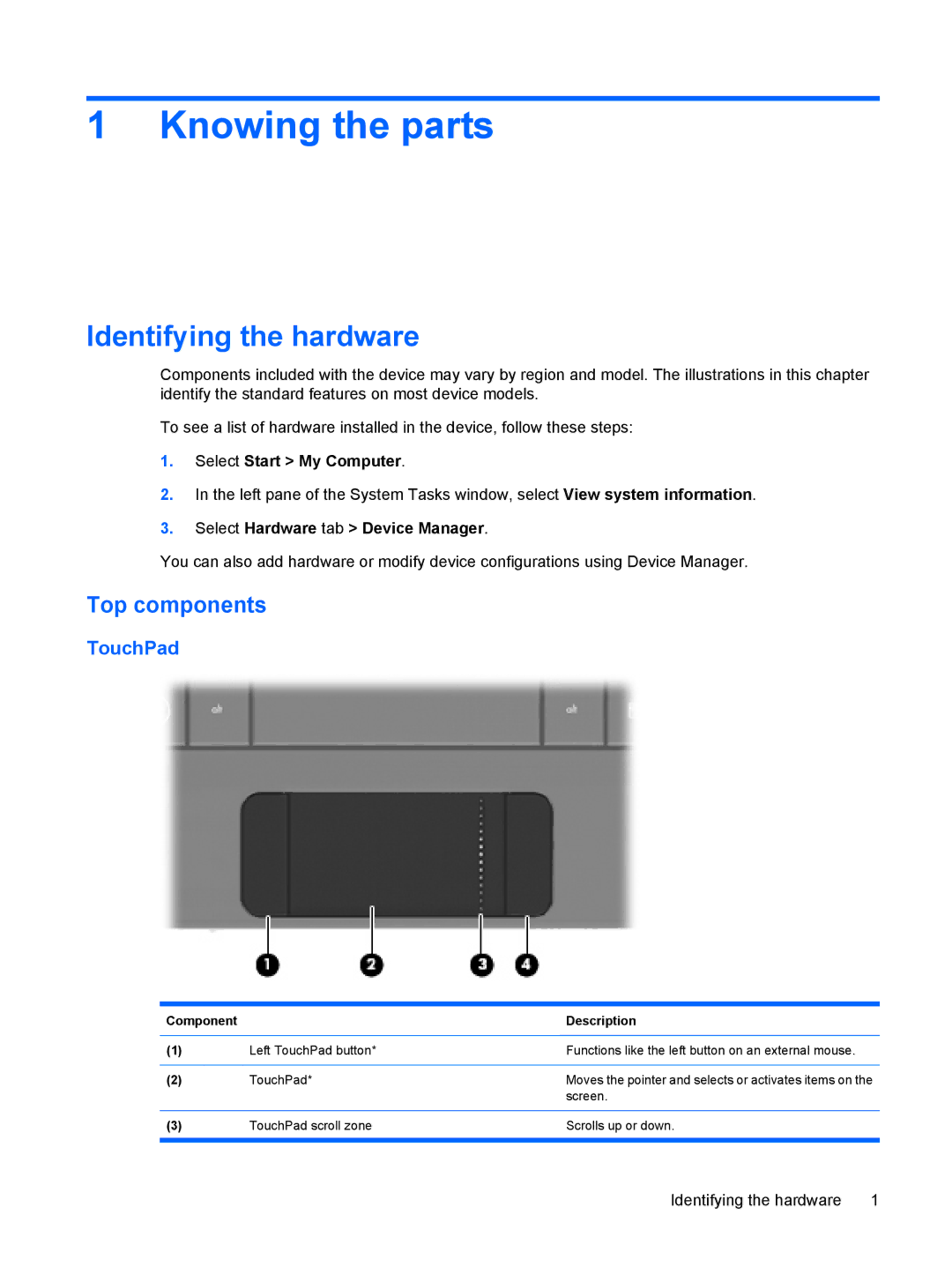 HP 110c-1048NR, 110c-1040DX, 110c-1001NR manual Knowing the parts, Identifying the hardware, Top components, TouchPad 