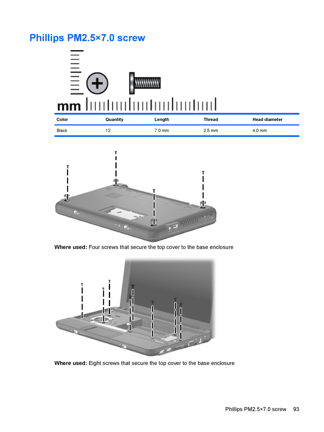 HP 110c-1001NR, 110c-1048NR, 110c-1040DX manual Phillips PM2.5×7.0 screw, Color Quantity Length Thread Head diameter Black 